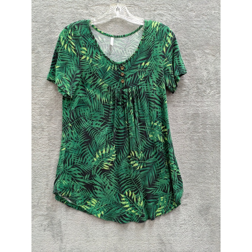 Tropical Palm Leaf Print Tunic‎ Top Womens Medium Green Short Sleeve Henley Boho